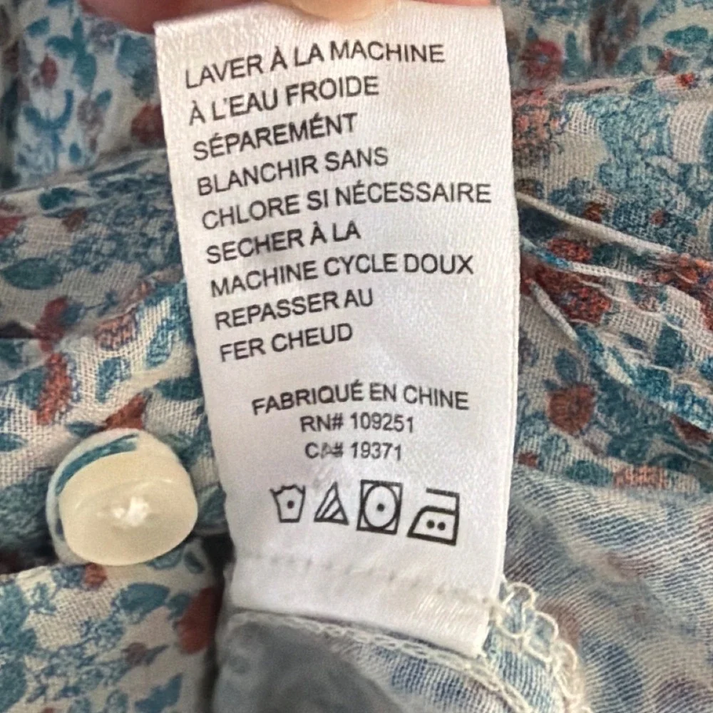 Trovata Birds of Paradis Eloise Pintuck Shirt Teal Floral Ramie Cotton XS